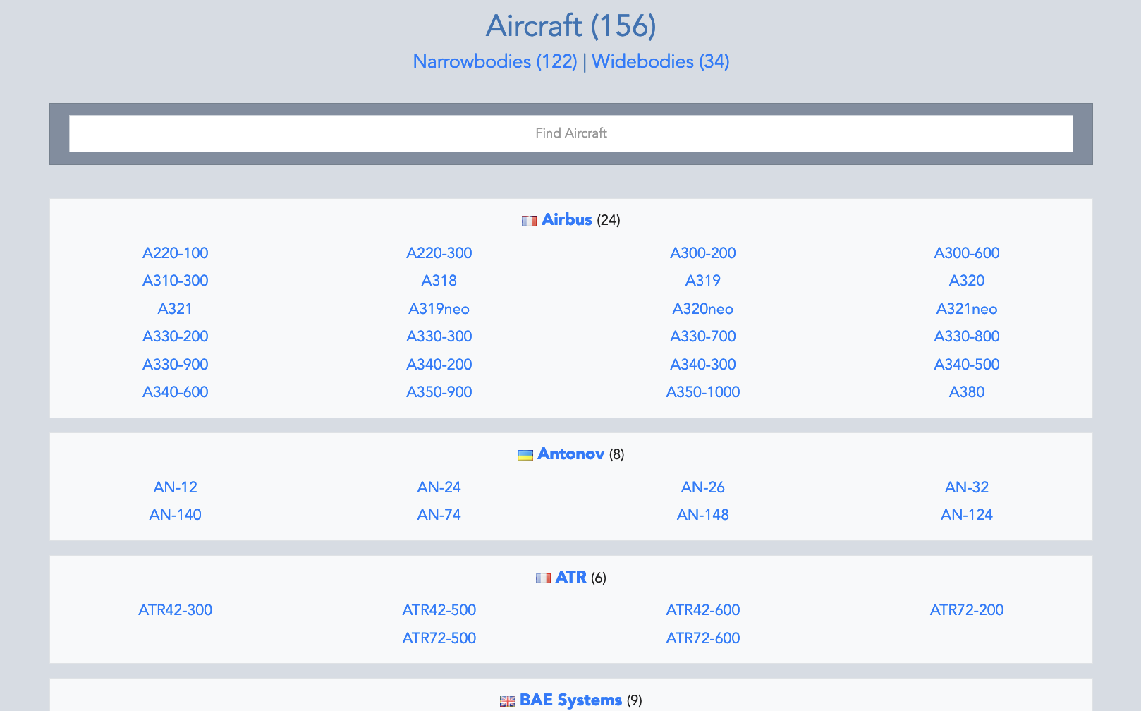 Aircraft list